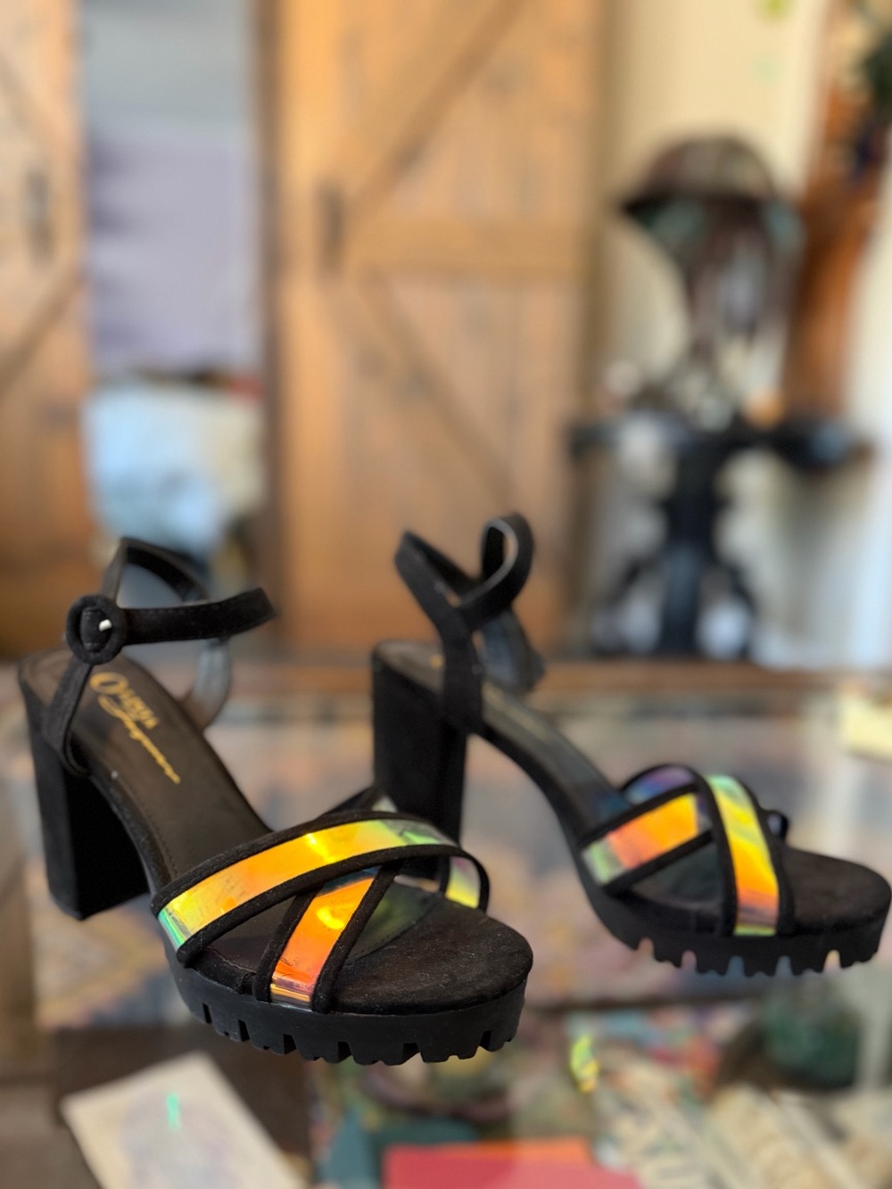 Black Platform Heels with Iridescent Straps